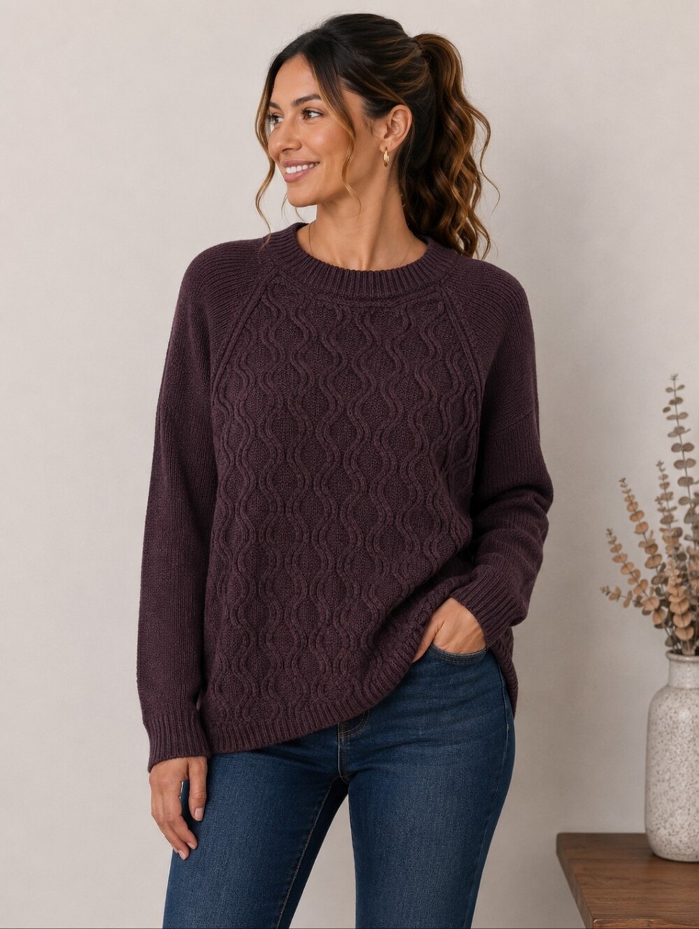 💙 Cable Knit Crewneck Sweater in Plum